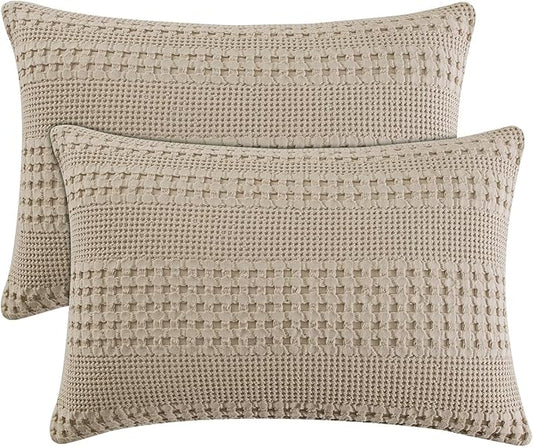 PHF 100% Cotton Waffle Pillow Shams Queen Size, 2 Pack 20" x 30" Soft Skin-Friendly Pillowcases, No Filling, Aesthetic Woven and Breathable Waffle Weave Pillow Case Covers for Bed, Simply Taupe