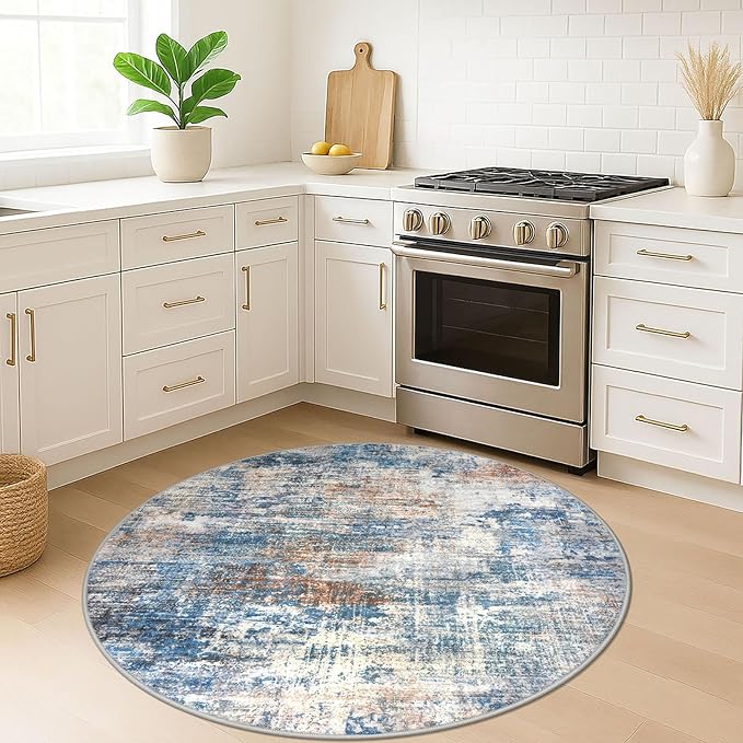 IOHOUZE Round Area Rug 5 Ft Circle Entryway Rugs Round Washable Door Mat Indoor Entrance, Non Slip Circle Front Door Rug, Printed Abstract Faux Wool Floor Carpet for Foyer Porch Sink, Blue Rust