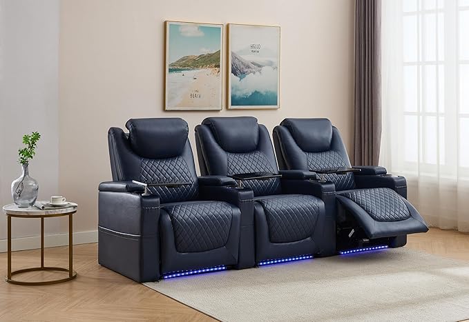 Home Theater Seating Seats, Theater Recliner Chair Sofa Game Movie Theater Chairs with 7 Colors Ambient Lighting, Lumbar Pillow, Side Pocket, Tray Table, Power Recline, Blue
