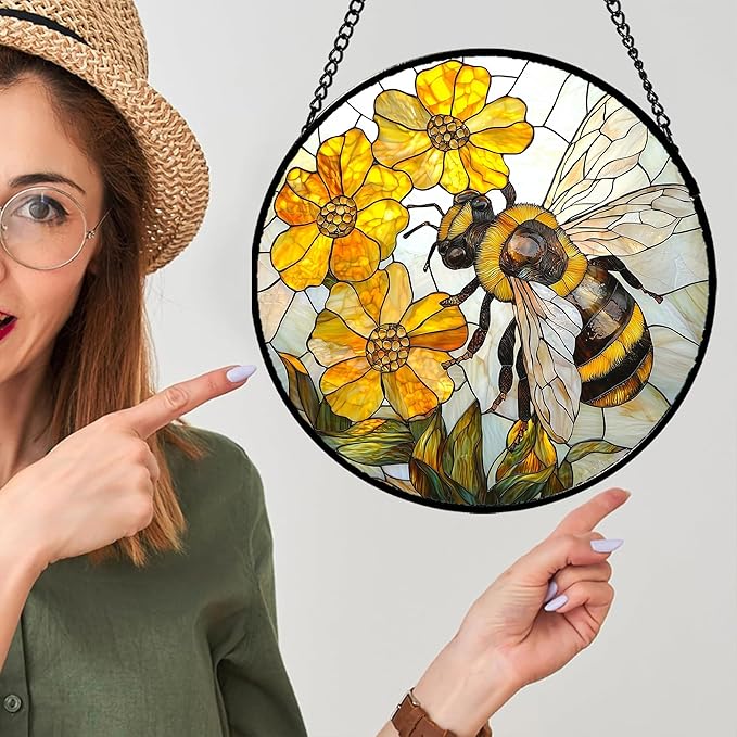 Stained Glass Window Hanging - Yellow Bees Gathering Flowers Sun Catcher for Door Garden Home Decor Cute Suncatcher Christmas Mother's Day Birthday Gifts for Women Men Mom Nana 7.8 in