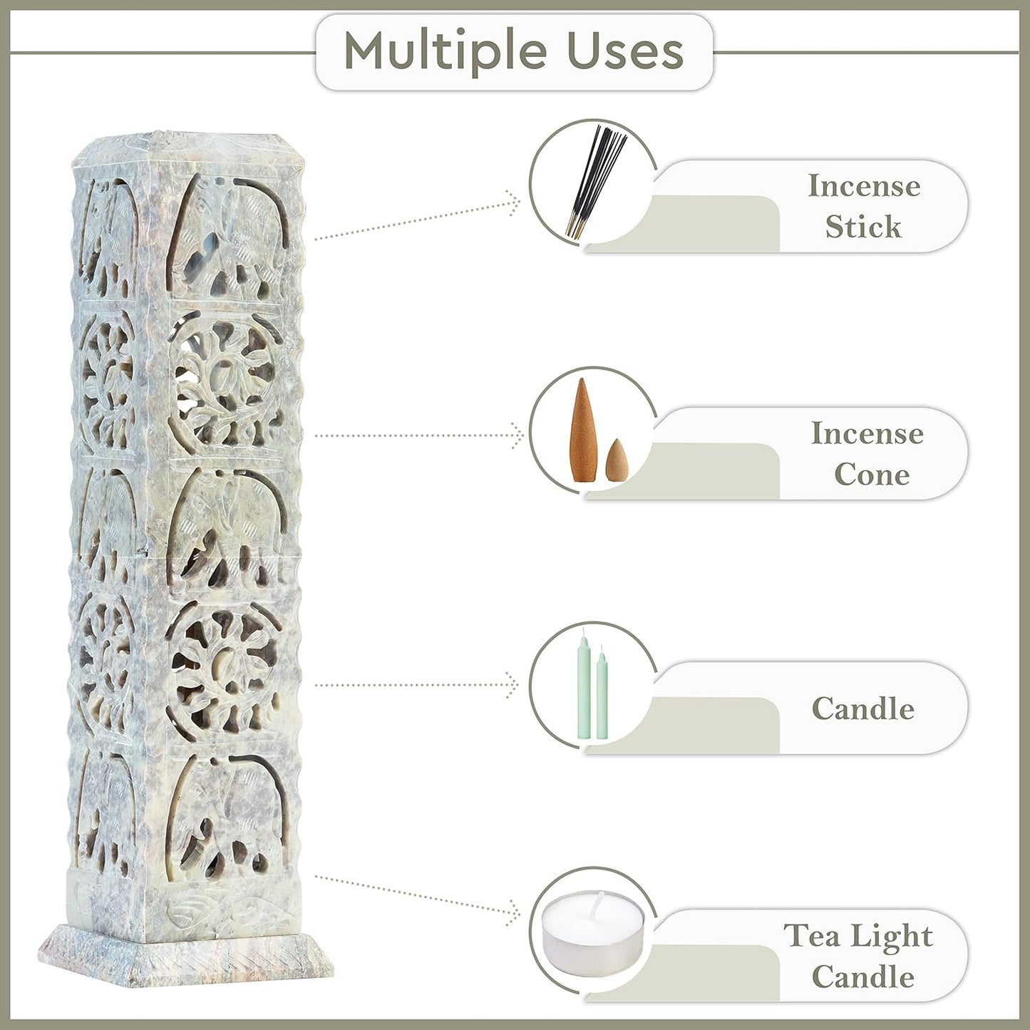 Crocon Handmade Incense Stick Holder Soapstone Incense Tower Burner | Candle Stand Tea Light Holder |Office Decor Room Fragrance Decorative Kitchen Home Spa Great Gift Set - 11X3X3 Inch