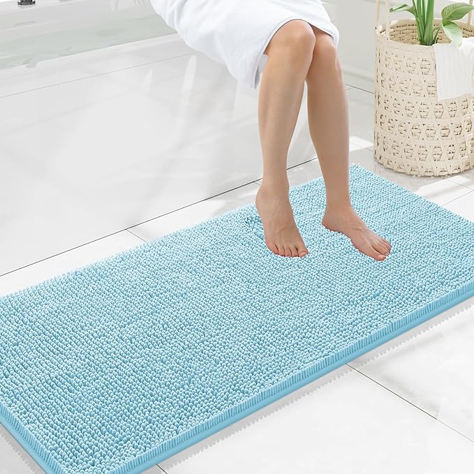 Smiry Luxury Chenille Bathroom Rugs 47x20, Extra Soft and Absorbent Shaggy Bath Mat, Machine Washable, Non-Slip Plush Carpet Runner for Tub, Shower, and Floor, Home Decor Accessories, Sky Blue