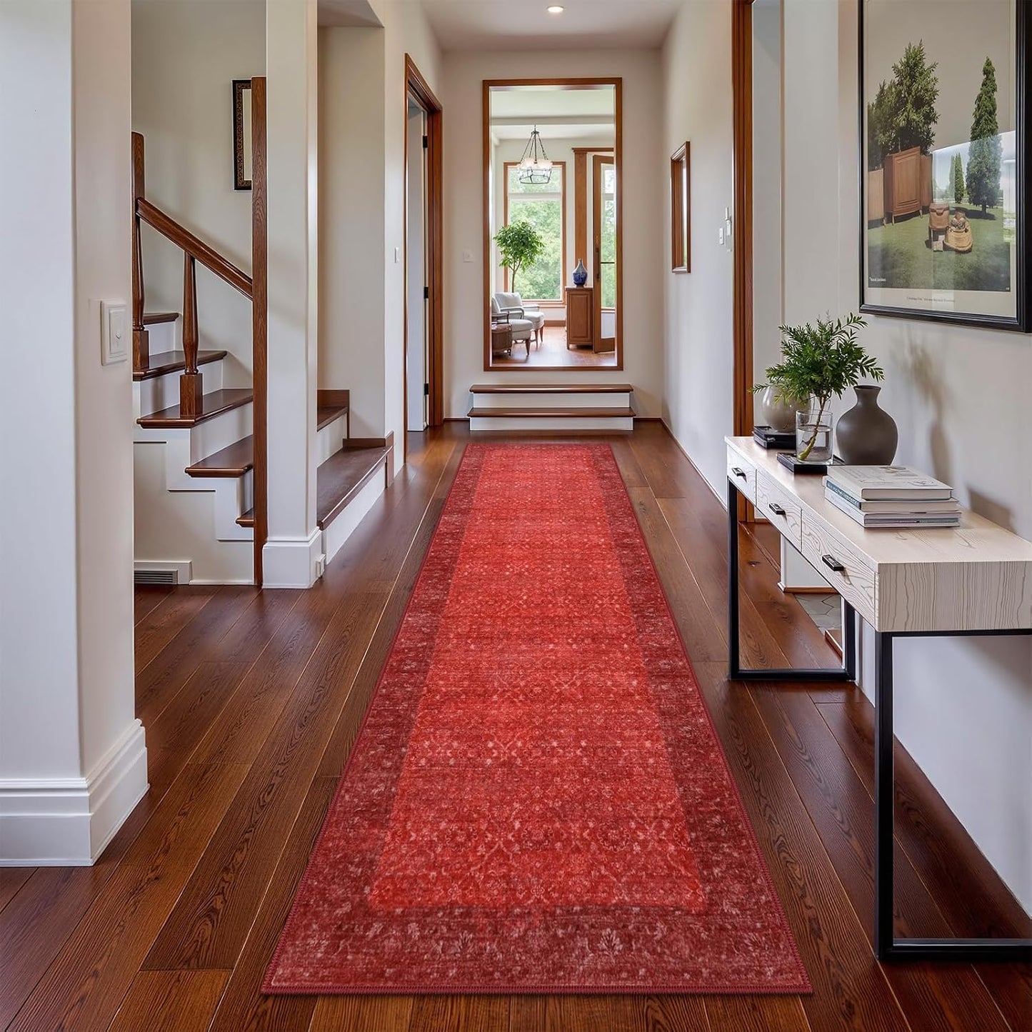 Red Kitchen Runner Rugs Non Skid Washable, 2.6x8 Long Hallway Runner Rug 8 Ft, Ultra-Thin Vintage Red Carpet Runner for Entryway Bathroom Bedside Laundry Room Hall (2'6"x8')