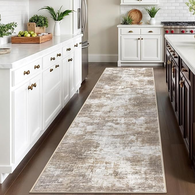 IOHOUZE Abstract Runner Rug 3x10 Ft Washable Runners for Hallways, Non Slip Kitchen Runner Printed Faux Wool Entryway Runner Indoor, Modern Abstract Floor Carpet for Hall Kitchen Bedroom, Beige Brown