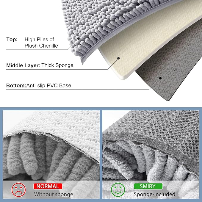 Smiry Luxury Chenille Bathroom Rugs 30x20, Extra Soft and Absorbent Shaggy Bath Mat, Machine Washable, Non-Slip Plush Carpet Runner for Tub, Shower, and Floor, Home Decor Accessories, Light Grey