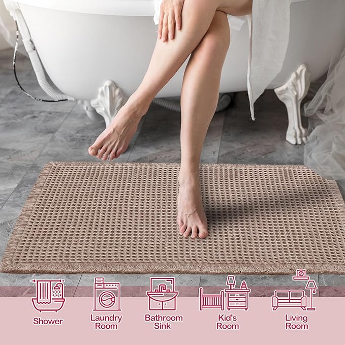 ZALL Tan Waffle Bath Mat,Super Absorbent Non Slip Bathroom Rug,Brown 17x24inch,Machine Washable Ultra Soft Floor Mats