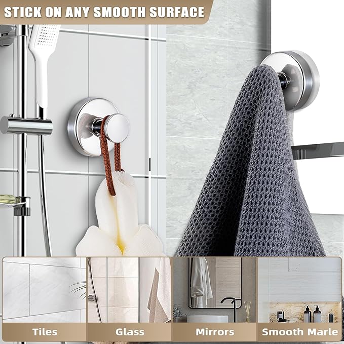 Suction Cup Hooks for Shower No-Drill Bathroom Hooks for Towels, Robes, Loofah Mountable on Bathroom Walls, Kitchen, Glass, Mirrors,Tile,Smooth Non-Porous Surfaces,Removable,4pcs,Chrome Polished