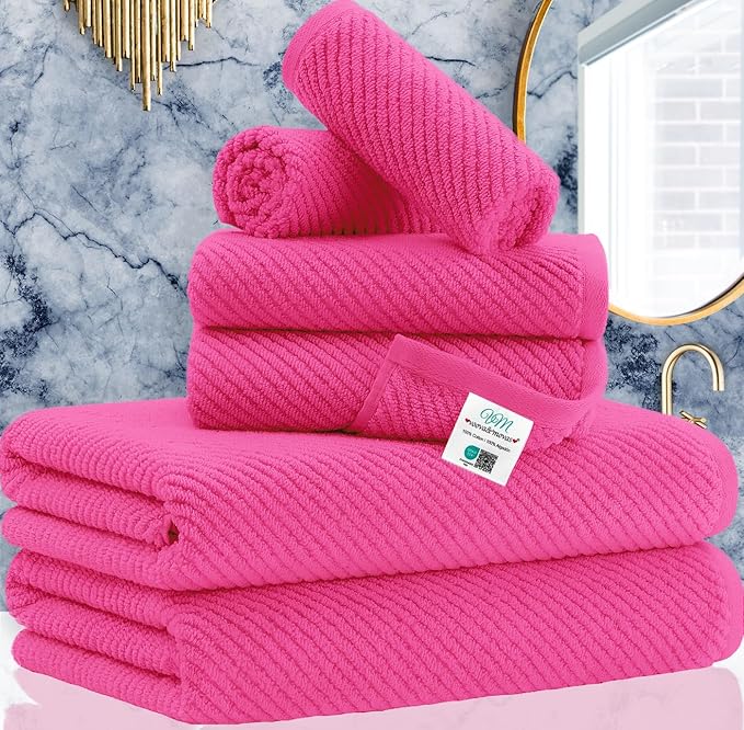 Hot Pink Towels - 100% Cotton, Soft, Quick Dry, Lightweight, Towel Set of 6, 2 Large Bath 30"x56", 2 Thick Hand 18"x28", 2 Absorb Washcloths 13"x13", Pink Bath Towel with Hanging Loop, Luxury Gift Set