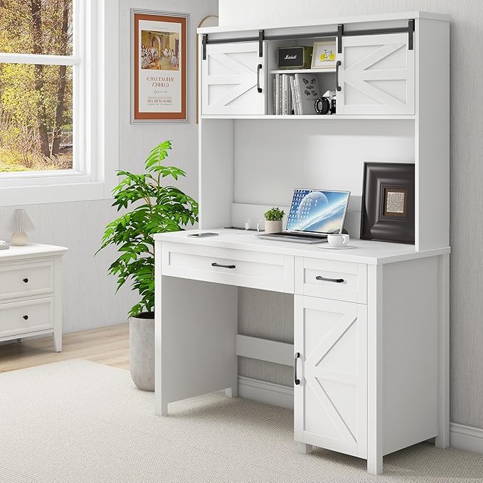 Farmhouse 47" Executive Desk, Computer Desks with 2 Drawers and Storage Cabinet, Home Office Desk with Hutch and Charging Station, Workspace for Work and Study. (Cream White)