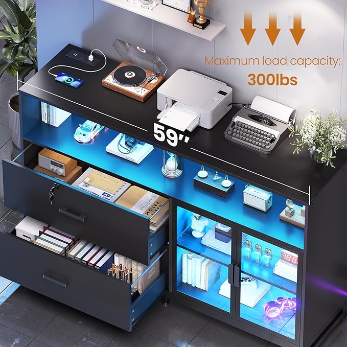 SEDETA 59" File Cabinet, 2 Drawers Filing Cabinets for Home Office fit Legal/Letter/A4 File, File Cabinet with Lock & Power Outlets, Printer Stand with Storage & LED Lights, Black