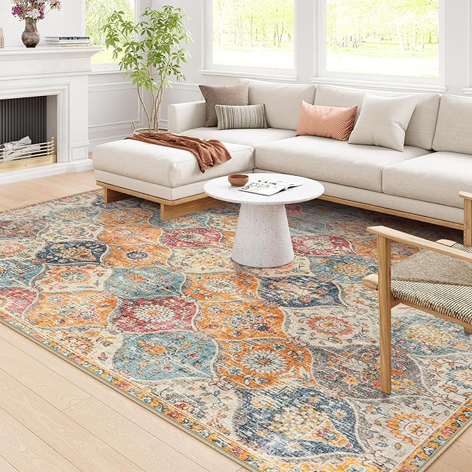 Lahome Moroccan Washable Area Rugs 8x10, 8x10 Rugs for Living Room Bedroom, Ultra-Thin Oriental Non-Slip Foldable Non Shedding Accent Large Carpet for Office Dining Room, Cream/Multi