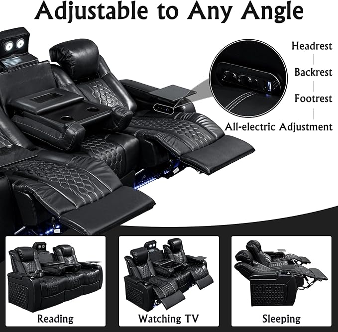 Home Theater Seating, Living Room, Powered Headrest, Powered Lumbar, Italian Leather, Powered Recline, Single Recliner (Black, Row of 3 Console)