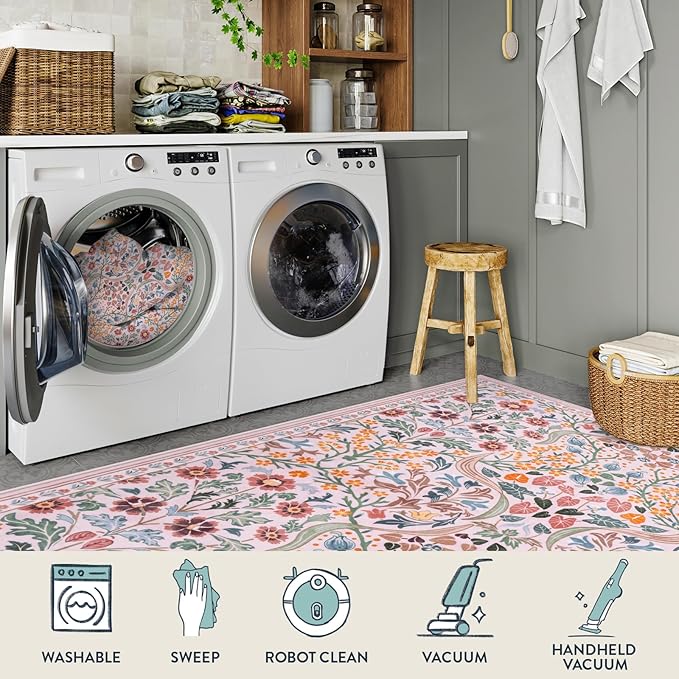 Lahome Floral Pink Boho 3x5 Rugs, Small Floral Dorm Rugs for Girsl Bedside, Washable Flower Botanical Throw Rug for Nursery Kids Room, Soft Non Slip Easy to Clean Door Mat for Entryway