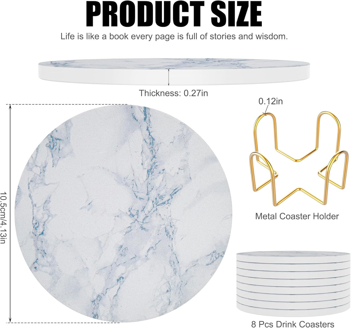 Coasters for Drinks Set of 8, Absorbent Ivory Marble Style Marble with Metal Golden Holder, Ceramic Coaster Set Cup Mat for Home Decor, Bar, Kitchen, Party