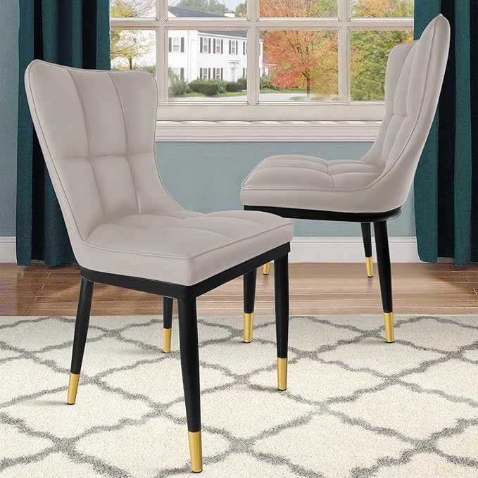 High-Back Faux Leather Dining Chairs Set of 2, Modern Sturdy Upholstered Accent Side Chair Deep Sponge Padded Seat with Metal Legs for Kitchen Dining Room Living Room Bedroom (Light Grey)