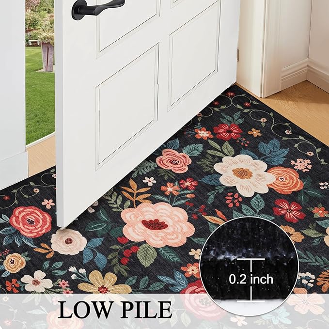 DUKINO 3x10 Runner Rug for Hallway, Washable Kitchen Floral Runner Rug with Non Slip Backing, Low Pile Soft Boho Carpet for Kitchen, Hallway, Entryway, Laundry, Bedroom, Black