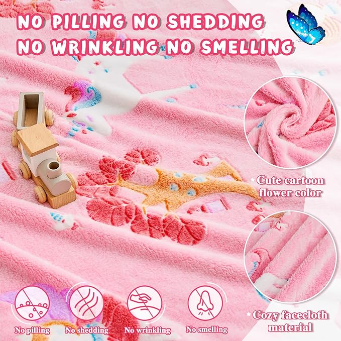 inhand Unicorn Toys Glow in The Dark for Blanket,Unicorn Gifts for Girls Age 1 2 3 4 5 6 7 8 9 10 11 12 13 Birthday Halloween Christmas Cute Soft Room Decor Kids Blanket Pink 50"X60"