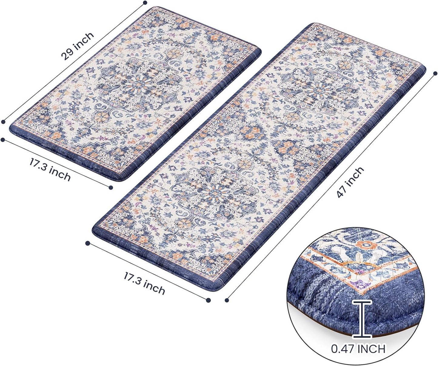 KIMODE Kitchen Mats for Floor, Boho Floral Blue Kitchen Rugs Sets of 2, Anti Fatigue Mats for Kitchen Floor, Cushioned Comfort Kitchen Floor Mats for Sink, Laundry, Desk,17"x47"+17"x29"