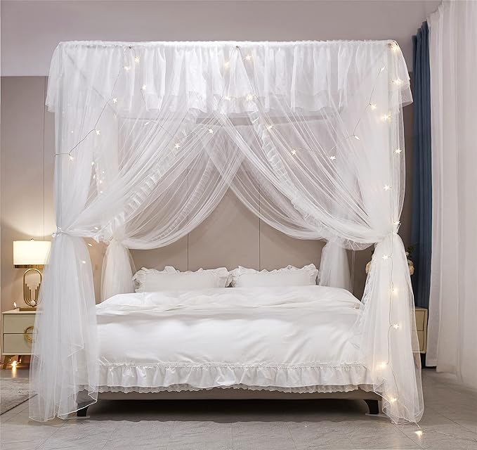 VETHIN 4 Corners Post Ruffle Princess Bed Canopy Curtain-Double Layer Cozy Drape Netting 4 Opening Mosquito Net for Girls Adults Bedroom Decoration (White/White, 64" W*82" L*82"*H/(Queen))