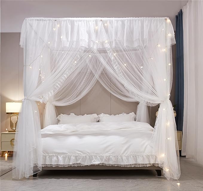 VETHIN 4 Corners Post Ruffle Princess Bed Canopy Curtain-Double Layer Cozy Drape Netting 4 Opening Mosquito Net for Girls Adults Bedroom Decoration (White/White, 47" W*78" L*82" H/Twin)