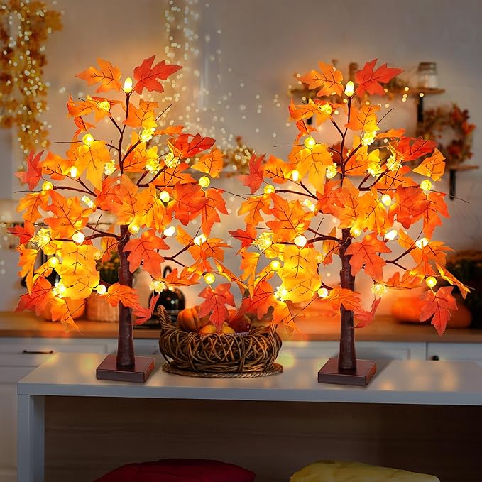 2 Pack 24 Inch Fall Maple Tree with 48LED Battery Operated Lighted Tabletop Artificial Tree with Pumpkin Acorn Maple Fall Centerpieces Indoor Fall Decorations for Home Office Thanksgiving Table Decor