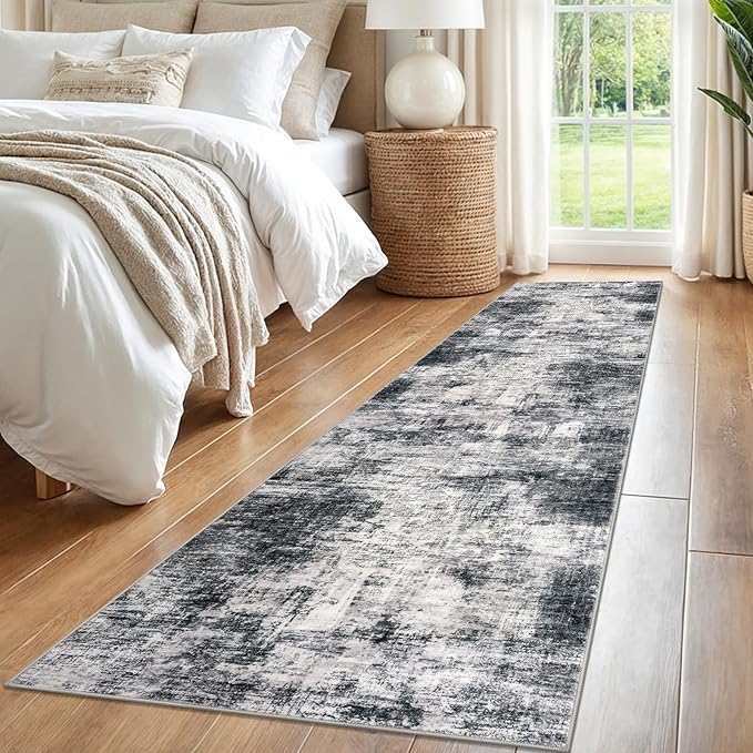 IOHOUZE Abstract Runner Rug 2x8 Ft Washable Runners for Hallways, Non Slip Kitchen Runner Printed Faux Wool Entryway Runner Indoor, Modern Abstract Floor Carpet for Hall Kitchen Bedroom, Black Gey