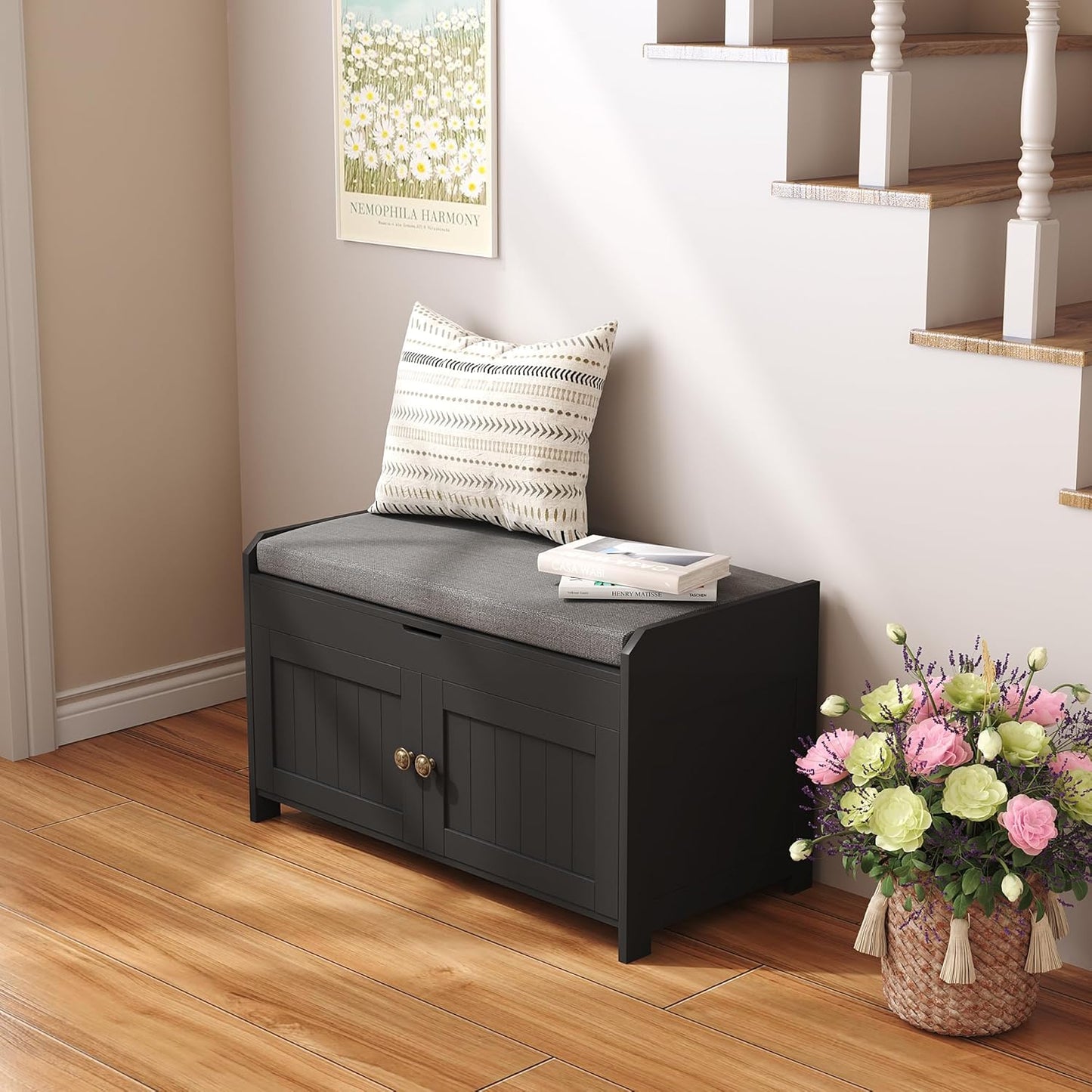 HOMEFORT 30" Shoe Bench with Lift Top Storage, Entryway Bench with Cushioned Seat, Wooden End of Bed Bench, Shoe Cabinet Bench with Hidden Storage Space, for Bedroom, Hallway,Black