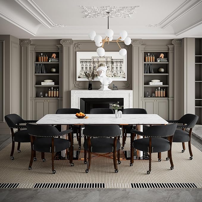 MODERION Dinning Chairs with Wheels and Arms Set of 6, Solid Wood Office Desk Chairs with Frosted Velvet Upholstered, Classic Swivel Accent Chairs,31.5" H Boss Caption's Chair, Black XXY-HT22-BK