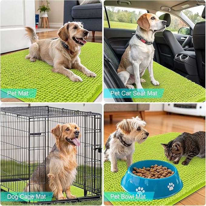 OLANLY Dog Door Mat for Muddy Paws 36x24, Absorbs Moisture and Dirt, Absorbent Non-Slip Washable Doormat, Quick Dry Chenille Mud Mat, Entry Indoor Entryway Carpet for Inside Floor, Bright Green
