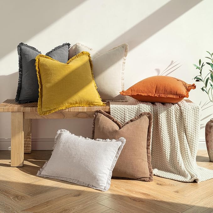 MIULEE Fall Decorative Throw Pillow Covers Neutral Linen Fringe Throw Pillows Euro Shams Set of 2 Orange Boho Farmhouse Cushion Covers for Couch Sofa Bed Living Room Spring Home Decor 22x22 Inch