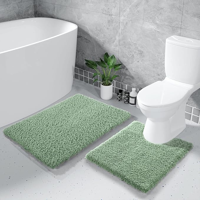 Yimobra U Shaped Toilet Bath Rug, Fluffy Plush, Super Shaggy Soft Non Slip, Water Absorbent Microfiber Bath Mat, Dries Quickly, Machine Washable Thick Bathroom Rugs, 20"x 24", Pure Light Green