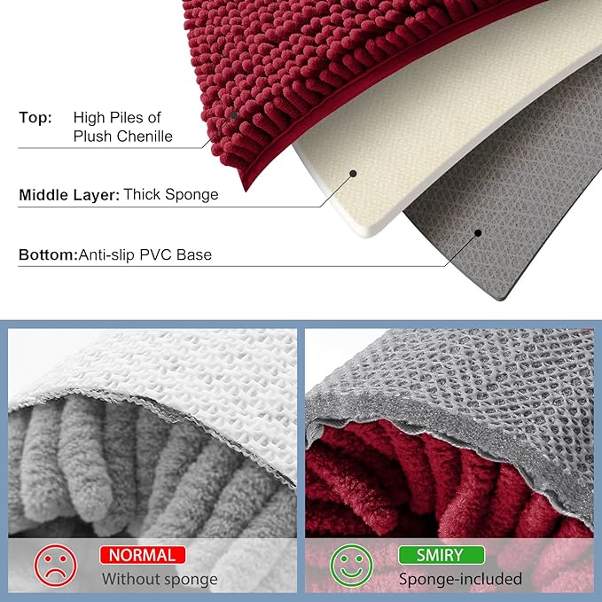 Smiry Luxury Chenille Bathroom Rugs 47x24, Extra Soft and Absorbent Shaggy Bath Mat, Machine Washable, Non-Slip Plush Carpet Runner for Tub, Shower, and Floor, Home Decor Accessories, Red