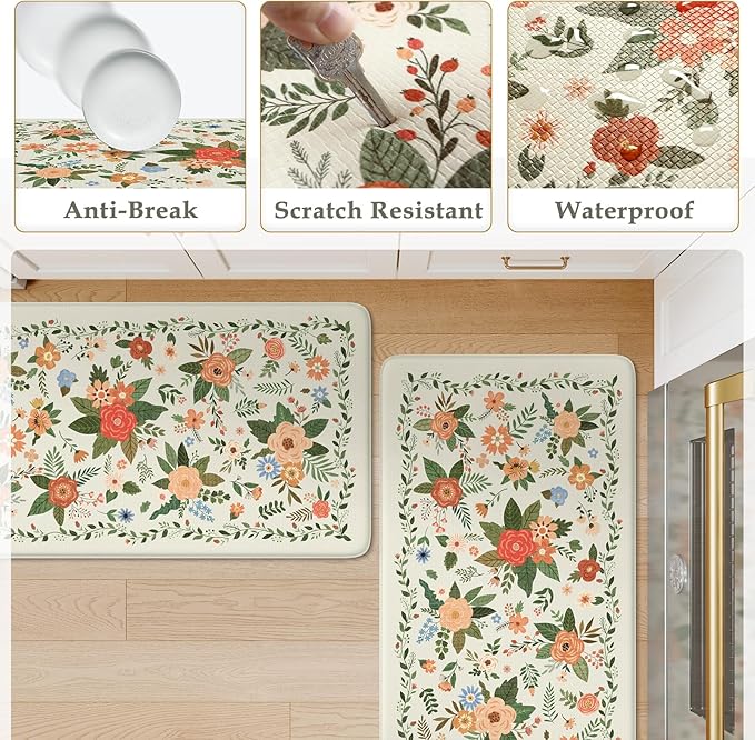 KIMODE Kitchen Mats for Floor Anti Fatigue, White Floral Rugs for Kitchen Floor, Padded Kitchen Floor Mats, Cushioned Kitchen Mats for Floor 2 Piece for Laundry Office Sink Desk 17"x47"+17"x29"