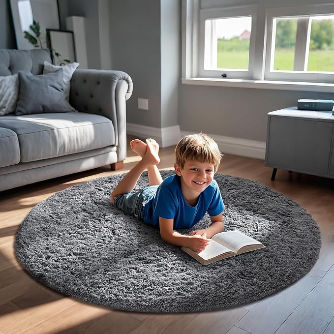 Ophanie Round Rugs 5Ft Grey Circle Area Rug, Fluffy Fuzzy Bedroom Carpet, Plush Soft Shaggy Indoor Floor Gray Living Room Rugs for Kids Home Decor Aesthetic, Nursery