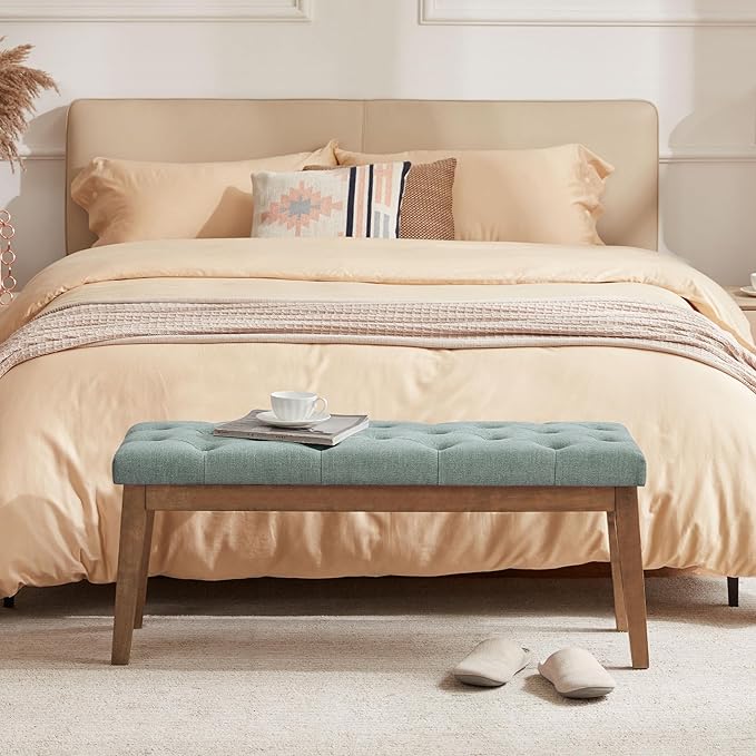 HUIMO Bedroom Bench End of Bed, Upholstered Dining Bench for Kitchen, Button-Tufted Entry Bench, Fabric Ottoman Bench for Living Room, Entryway,Teal