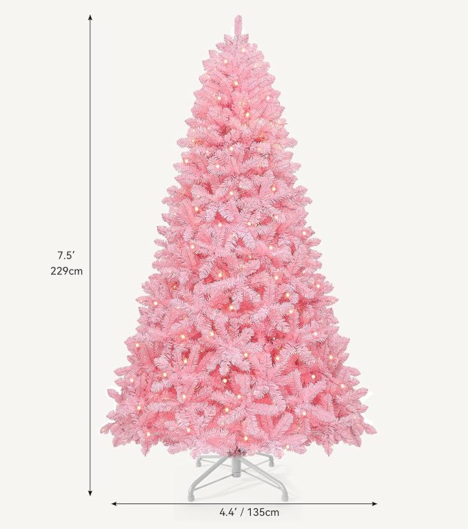 DWVO 7.5ft Pre-lit Christmas Tree with Lights, Pink Prelit Atificial Trees with 1350 Tips & 550 UL Listed Lights, Automatic Branches & Easy Assembly for Home Party