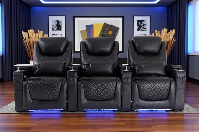 Home Theater Seating Seats, Theater Recliner Chair Sofa Game Movie Theater Chairs with 7 Colors Ambient Lighting, Lumbar Pillow, Side Pocket, Tray Table, Power Recline, Black