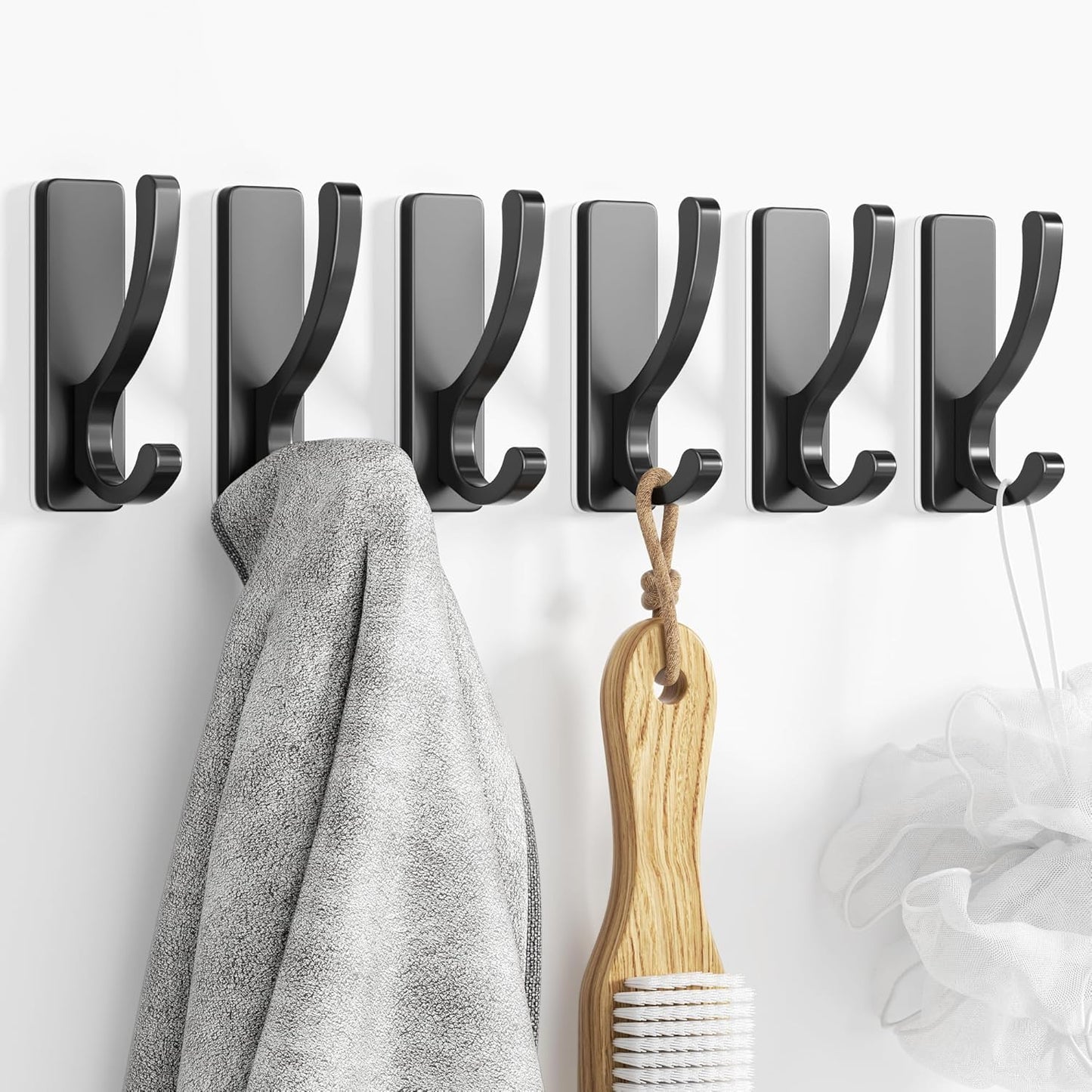 Adhesive Wall Hooks for Towels Coats - Stick On Hooks Hanging Heavy Duty (13lb), Metal Hook for Door, Bathroom, Dorm, Closet - Hanger for Purse, Bag, Robe,Backpack - No Damage to Wall - Black 6 Pack