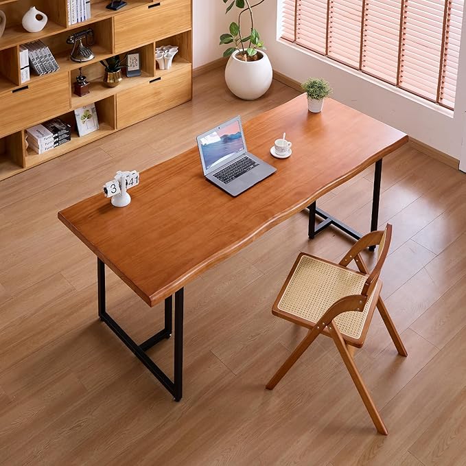 Solid Wood Administrative Desk, Dining Table with Durable Metal Legs, Uniquely Designed Leisure Table, Perfect for Restaurants and Home Offices, (Wood Brown, 55.12in)