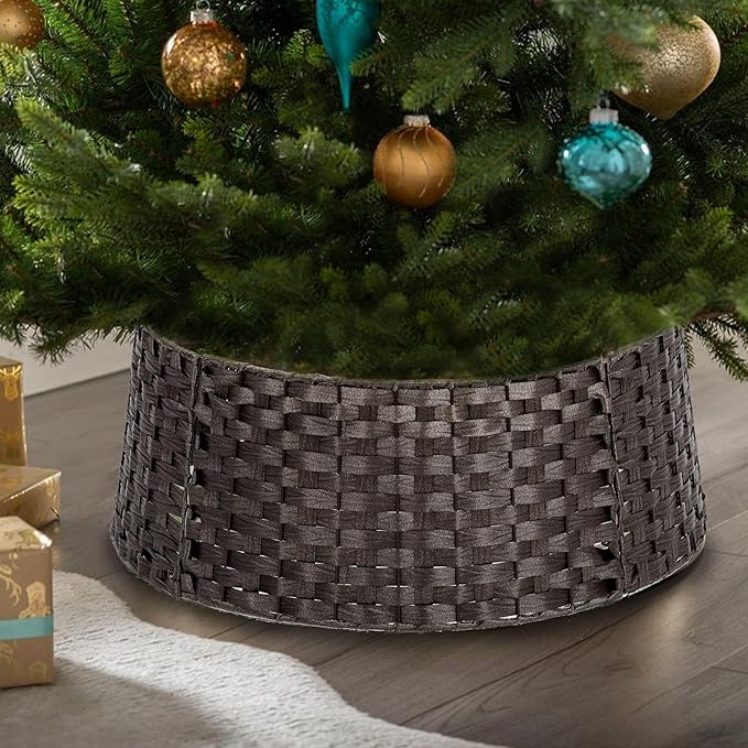 SUNNYPARK Christmas Tree Collar, 23'' D Handmade Artificial Rattan Wicker Christmas Stand Tree Collar Basket Base Cover for Holiday Decoration-Round Dark Brown