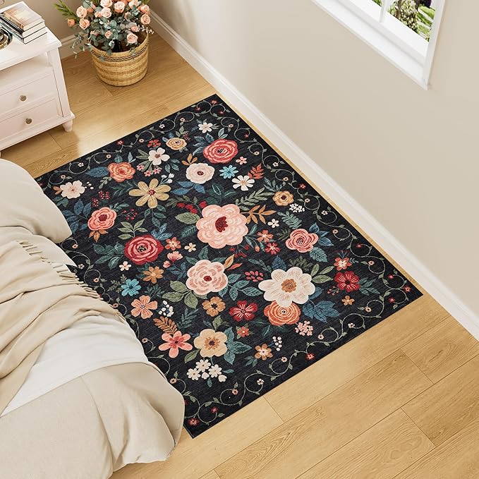 DUKINO 3x4 Area Rug, Lightweight Non Slip Washable Floral Rug, Indoor Low Pile & Non-Shedding Boho Design Carpets for Bedroom, Kitchen, Dining Room, Black