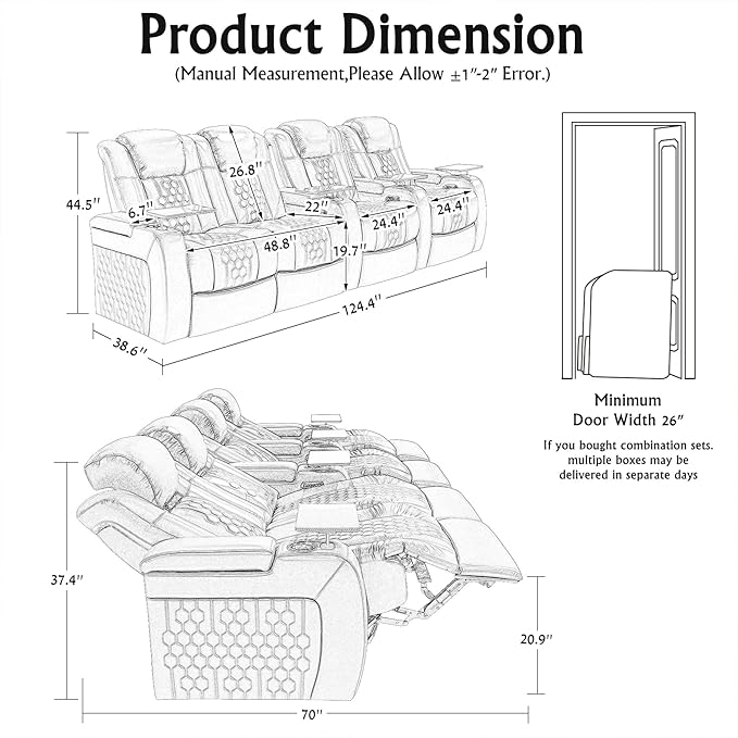 Home Theater Seating, Living Room, Heat & Massage, Powered Headrest, Powered Lumbar, Italian Leather, Powered Recline, Single Recliner (Black, Row of 4 Loveseat Left)