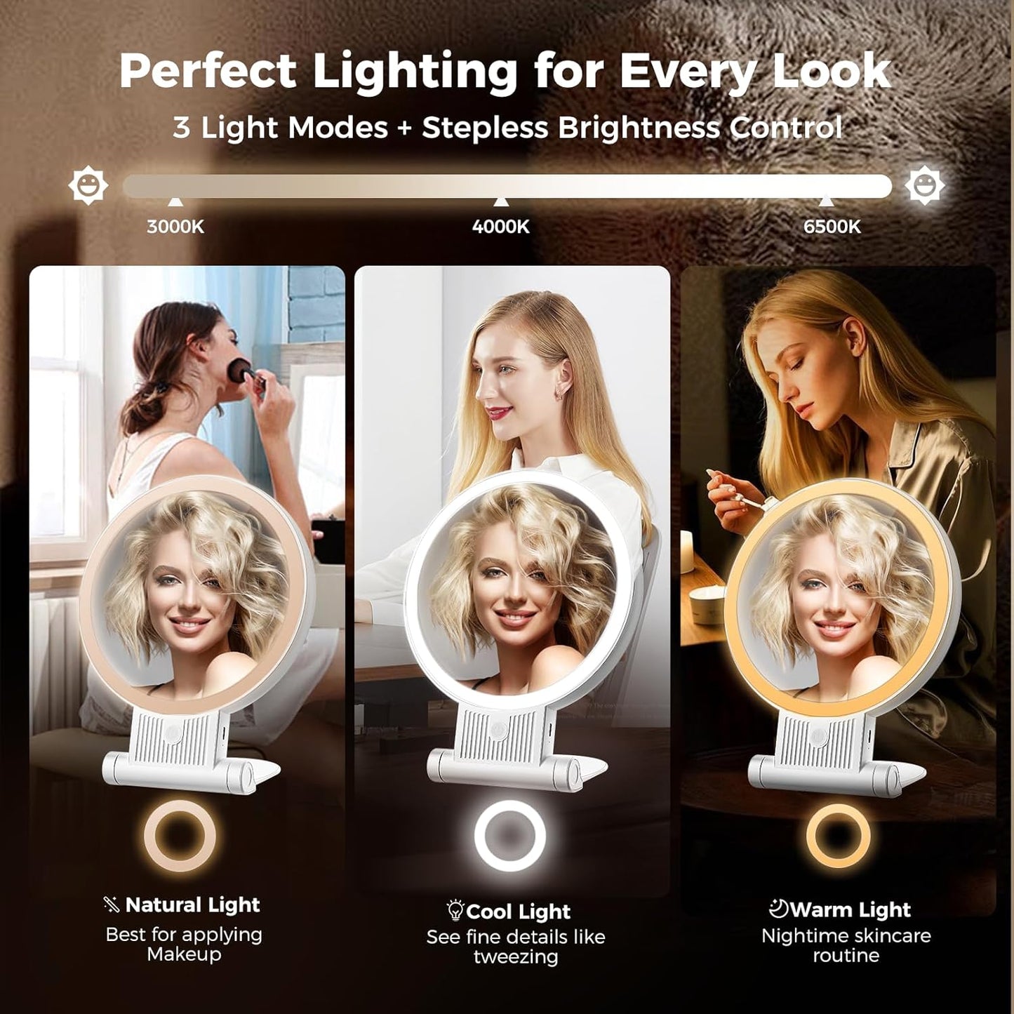 1X/30X Lighted Makeup Mirror with Magnification, Double-Sided Switch, 3-Color Lights, 2000mAh Rechargeable, Adjustable Brightness, Makeup Mirror with Lights for Vanity Table or Bathroom