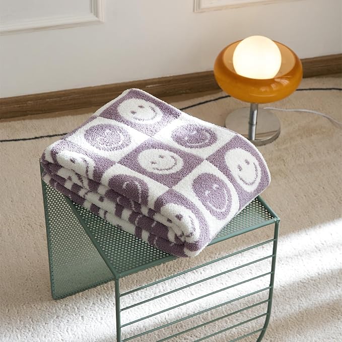 YIRUIO with Smiley Faces Checkerboard Throw Blankets Checkered Reversible Microfiber Super Soft Warm Cozy Fluffy Shaggy Blanket for Home Office Couch Bed Sofa Decor (Lavender)
