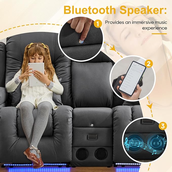 IPKIG 67" Power Reclining Loveseat Sofa, Electric Home Theater Seating with Console/4 Colors Ambient Lighting/Bluetooth Speakers/USB Ports/Built-in Outlets (Dark Grey, Loveseat Recliner)
