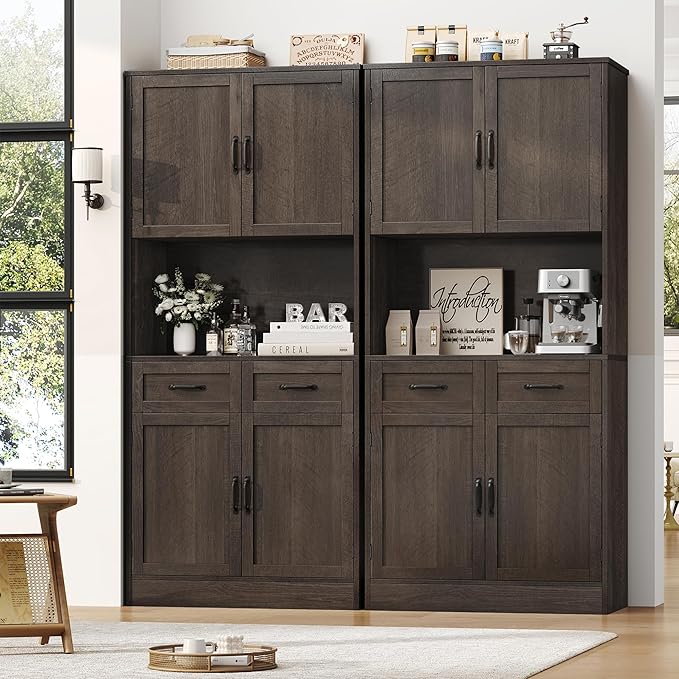 HOSTACK 71“ Tall Kitchen Pantry Storage Cabinet, Modern Kitchen Hutch Bar Cabinet with Microwave Stand, Wood Buffet Sideboard with Hutch, Cupboard with Drawers, Shelves for Dining Room, Dark Brown