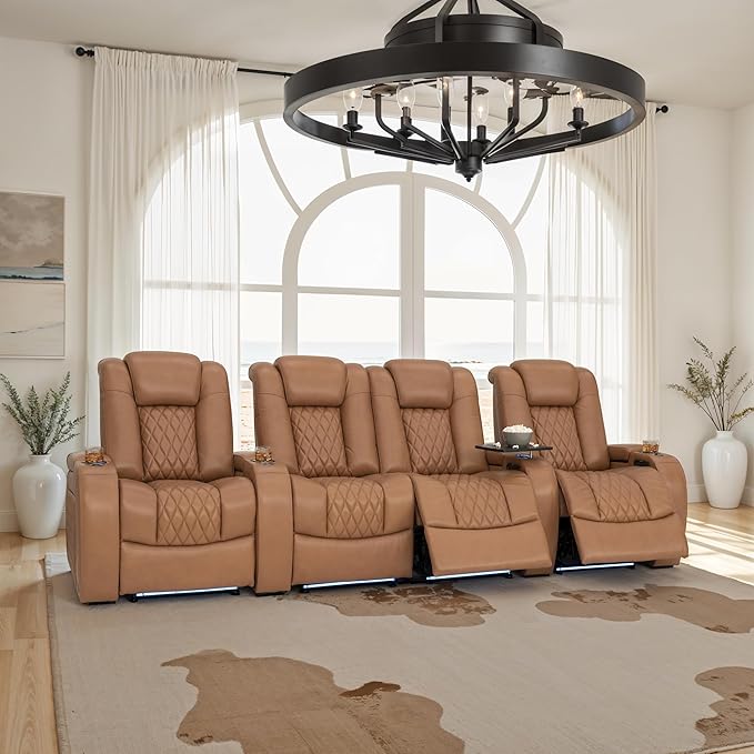 Seatcraft Diamante Zero-Gravity CoolZero Italian Leather Home Theater Seating, Power Headrest, Power Recline, Row of 4 Middle Loveseat, Tan Oak