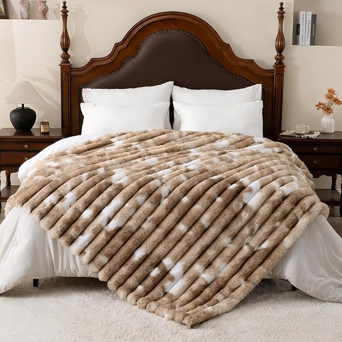 Throw Blanket for Couch - 90" x 90" Faux Rabbit Fur Throw Blanket Cozy Soft Warm Blankets for Bed Sofa Bedroom Living Room Fluffy Striped Blankets for Fall Winter, Home Decor, Brown