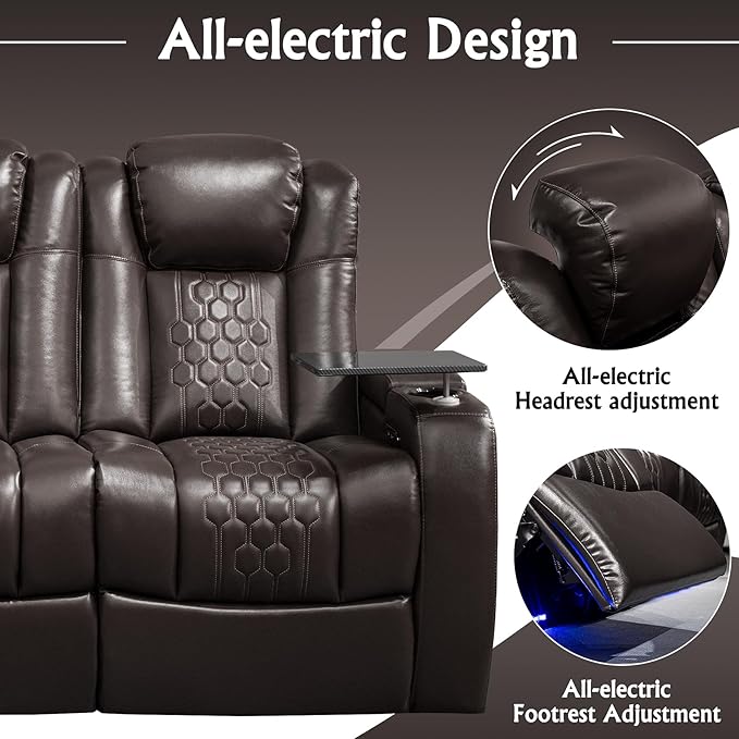 Home Theater Seating, Living Room, Powered Headrest, Powered Lumbar, Italian Leather, Powered Recline, Single Recliner (Coffee Color, Row of 3 Console)