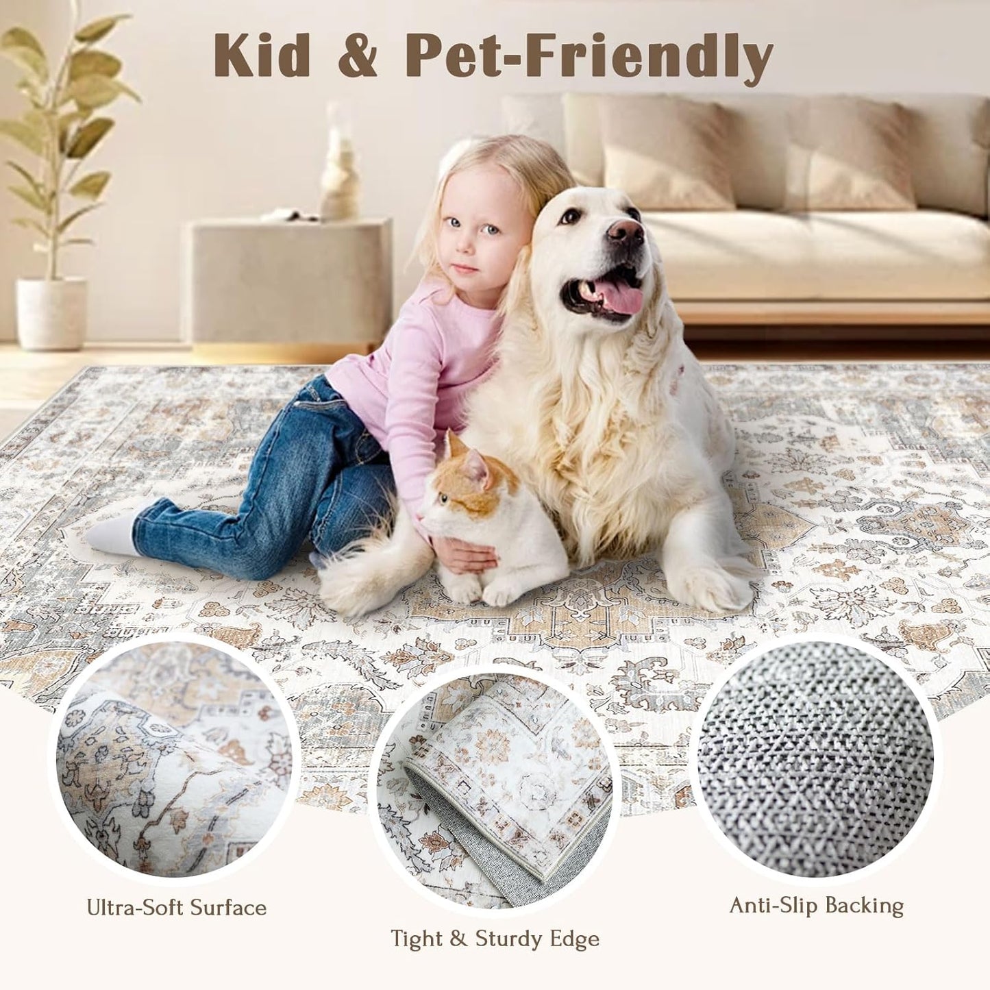 6x9 Area Rug for Living Room - Large Oriental Washable Rugs for Bedroom Non-Slip Tan Cream Stain Resistant Dining Room Rug Farmhouse Low-Pile Carpet Soft Vintage Rug for Office Guest Room